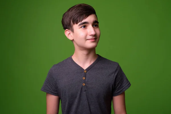 Jonge knappe Iraanse tiener jongen tegen groene achtergrond — Stockfoto