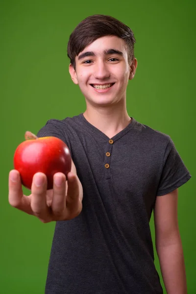 Young handsome Iranian teenage boy against green background — Stock Photo, Image
