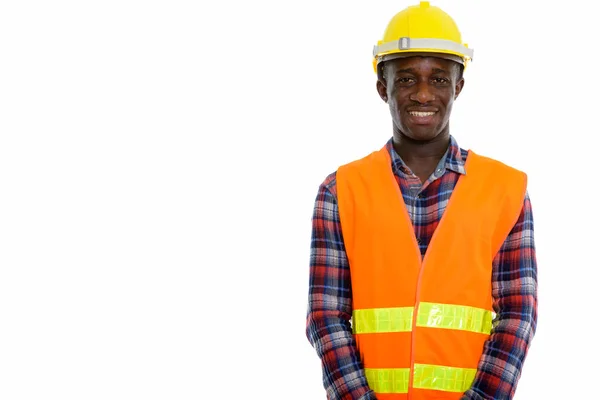 Estúdio tiro de jovem negro feliz Africano homem trabalhador da construção — Fotografia de Stock