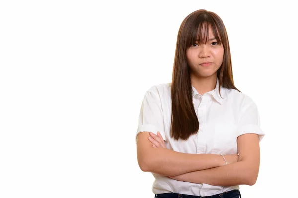 Fiatal aranyos ázsiai tizenéves lány néz dühös — Stock Fotó