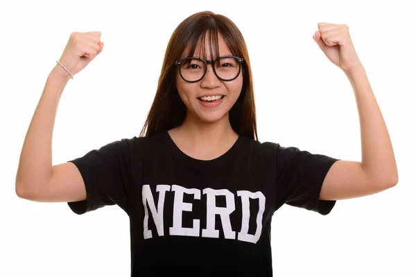 Jonge gelukkig Aziatische nerd tienermeisje glimlachen en op zoek motiveren — Stockfoto