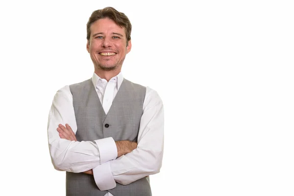 Feliz formal caucasiano homem sorrindo vestindo colete — Fotografia de Stock