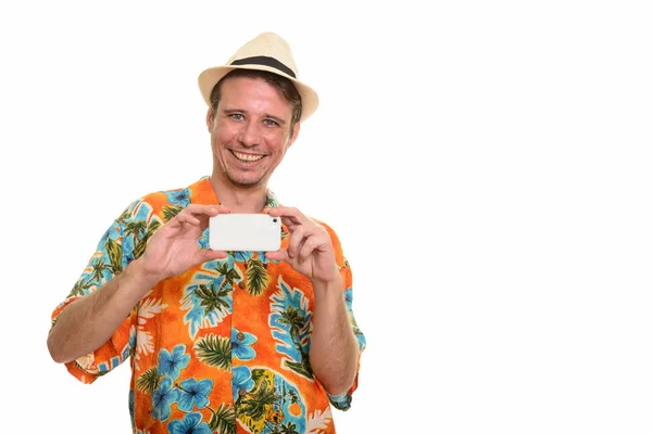 Щаслива людина кавказьких фотографування з мобільний телефон готовий до v — стокове фото