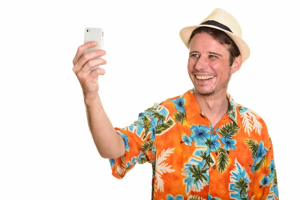 Selfie cep telefonu ile va için hazır almak mutlu beyaz adam — Stok fotoğraf