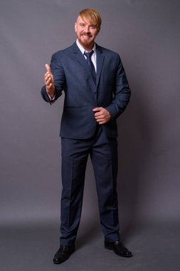 Sakallı iş adamı, sarı saçlı, gri arka planda.