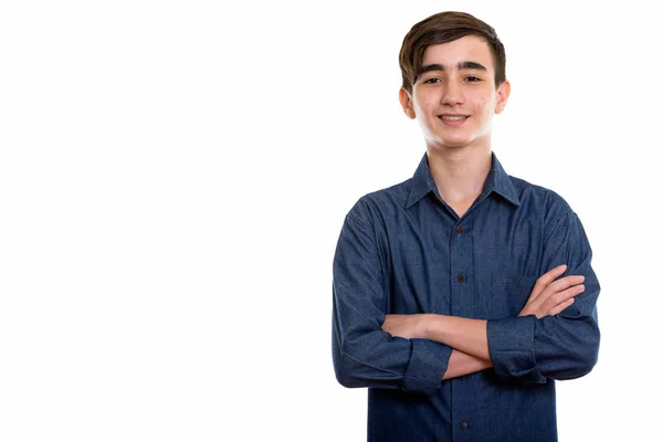 Studioaufnahme eines glücklichen persischen Teenagers, der mit den Armen lächelt — Stockfoto