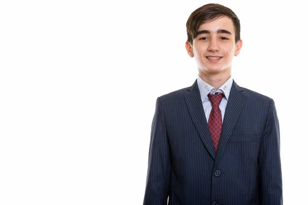 Estudio disparo de joven feliz persa adolescente hombre de negocios sonriendo — Foto de Stock