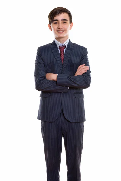 Studio shot of young happy Persian teenage businessman smiling a — Stock Photo, Image