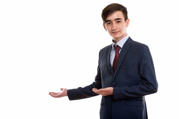 Estúdio tiro de jovem bonito persa adolescente empresário showin — Fotografia de Stock