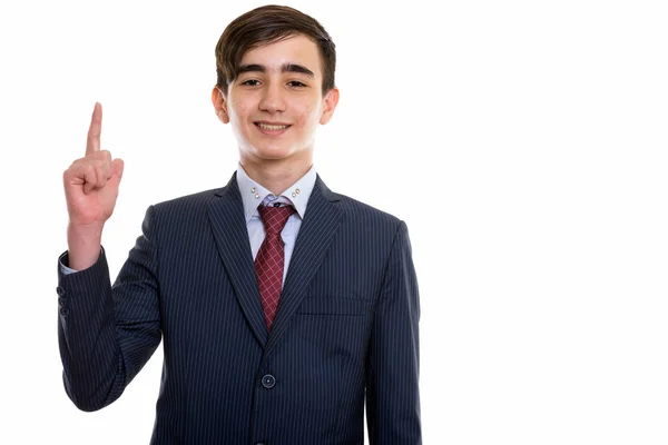 Estudio disparo de joven feliz persa adolescente hombre de negocios sonriendo w — Foto de Stock