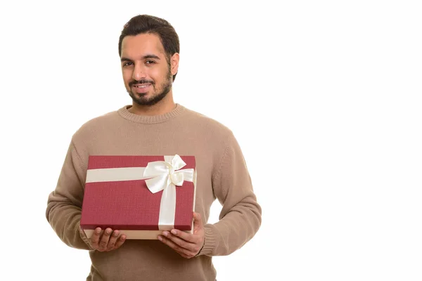 Joven hombre indio feliz sosteniendo caja de regalo listo para San Valentín da — Foto de Stock