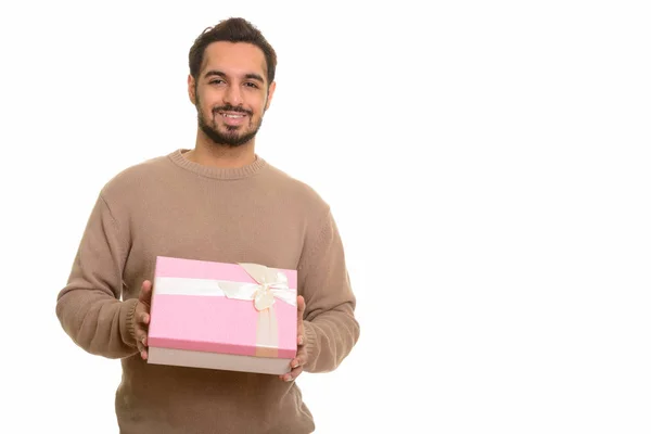 Joven hombre indio feliz sosteniendo caja de regalo listo para San Valentín da — Foto de Stock