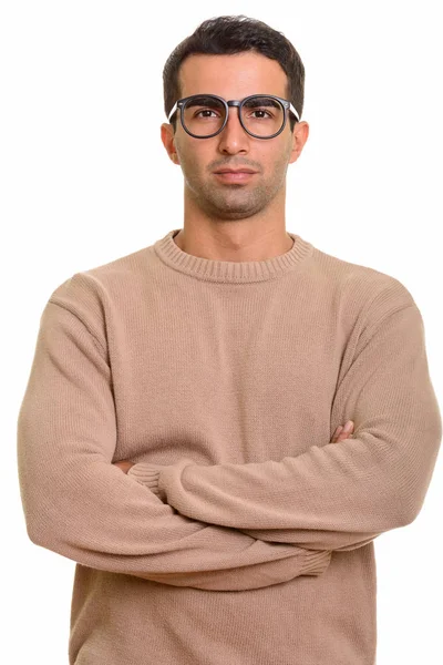 Porträtt av ung stilig Persiska man med nerdy glasögon — Stockfoto