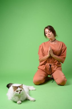 Genç güzel kadın ile Farsça kedi stüdyo çekim