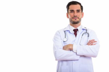 Genç yakışıklı adam doktor silah ile stüdyo çekim geçti