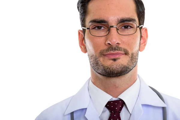 Közelkép fiatal jóképű férfi orvos visel szemüveget — Stock Fotó