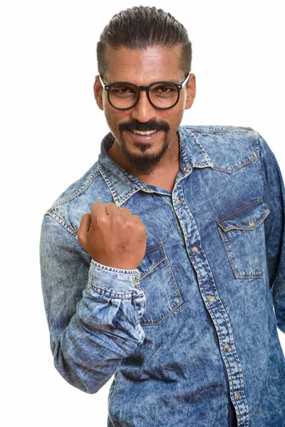 Young happy Indian man looking motivated studio portrait against white background — Stock Photo, Image