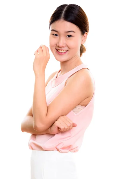 Stúdió lövés fiatal boldog ázsiai nő mosolygós — Stock Fotó