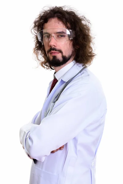 Studio βολή του γιατρού όμορφος άνδρας φορώντας γυαλιά ασφαλείας με ένα — Φωτογραφία Αρχείου