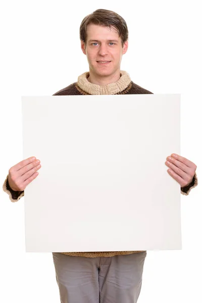 Portrait of happy handsome Caucasian man holding copyspace — Stock Photo, Image