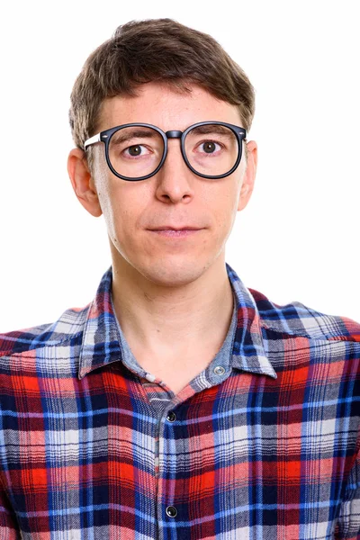 Cara de homem nerd caucasiano vestindo óculos — Fotografia de Stock