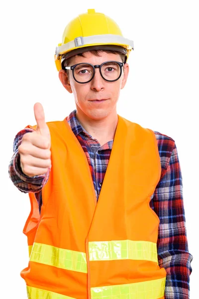 Studio shot of man construction worker giving thumb up — Stock Photo, Image