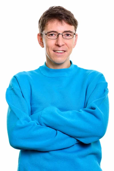 Studio shot of happy man smiling while wearing eyeglasses with a — Stock Photo, Image