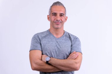 Farsça adamla mutlu geçti silah hazır beyaz arka plan karşı spor salonu için