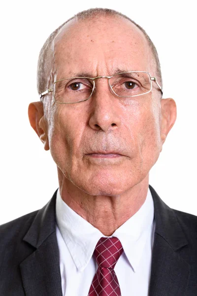 Ansikte av ledande affärsman bär glasögon isolerade mot vit bakgrund — Stockfoto