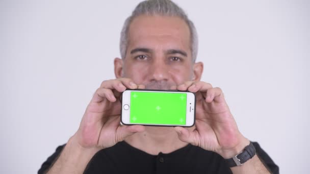 Mutlu Farsça yakışıklı gösteren telefon — Stok video