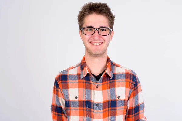 Cara de joven feliz hombre guapo con gafas sonriendo — Foto de Stock