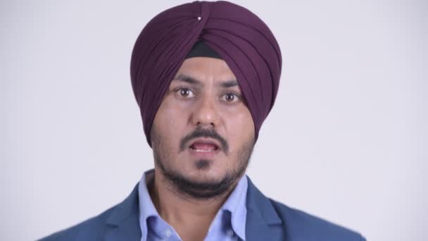 Bearded Indian Sikh Businessman Suit Wearing Turban White Background — Stock Video