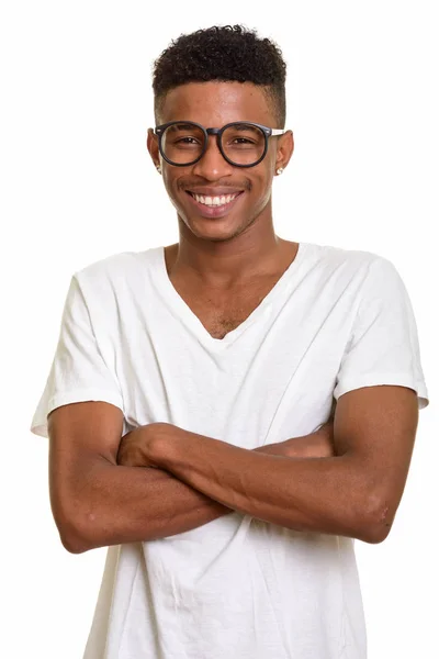 Estudio Retrato Joven Apuesto Hombre Africano Aislado Sobre Fondo Blanco — Foto de Stock
