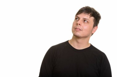 Beyaz adam beyaz arka planı izole düşünme stüdyo çekim