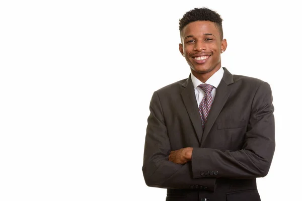 Joven empresario africano feliz aislado sobre fondo blanco — Foto de Stock