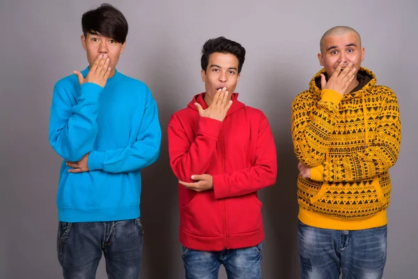 Drei junge asiatische Männer in warmer Kleidung vor grauem Backgro — Stockfoto