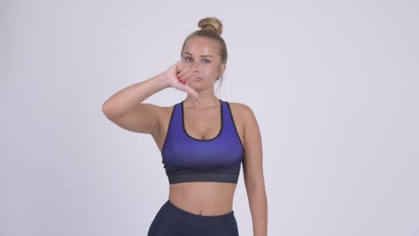 Studio Skott Unga Vackra Blonda Kvinnan Redo För Gym Mot — Stockvideo