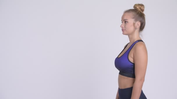 Studio Shot Young Beautiful Blonde Woman Ready Gym White Background — Stock Video