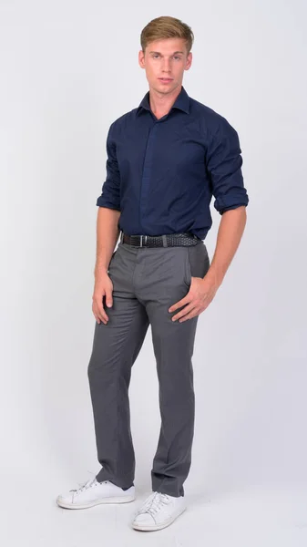 Full body shot of young handsome businessman with blond hair — Stock Photo, Image