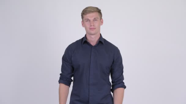 Studio Shot Young Handsome Blonde Businessman White Background — Stock Video