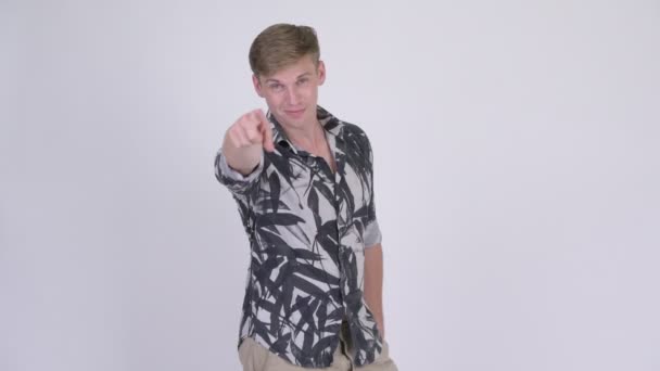 Studio Shot Young Handsome Blonde Tourist Man White Background — Stock Video