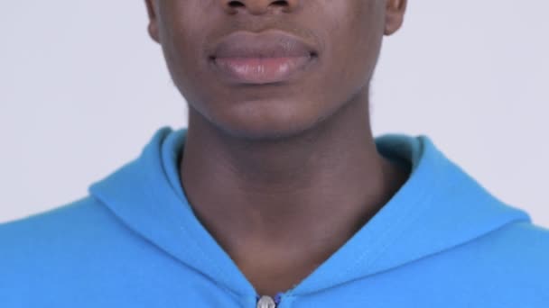 Studio Shot Young Handsome African Man Wearing Blue Hoodie White — Stock Video