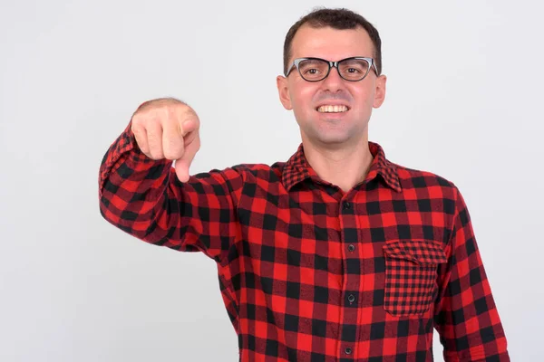 Retrato de hombre hipster feliz apuntando a la cámara — Foto de Stock