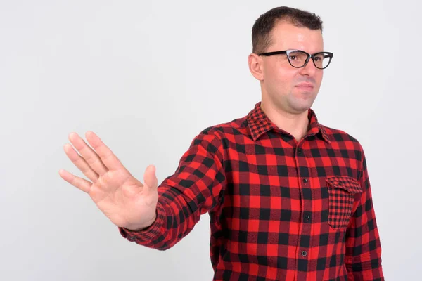 Retrato do homem hipster mostrando gesto stop — Fotografia de Stock