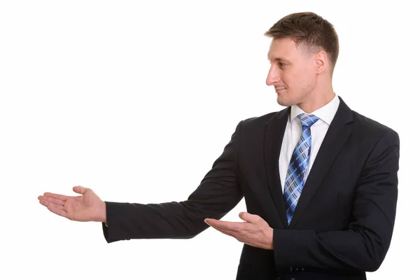 Bonito homem caucasiano isolado contra fundo branco — Fotografia de Stock