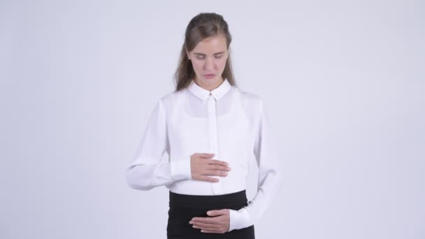 Young pregnant businesswoman showing stop gesture using arms — Stock Video