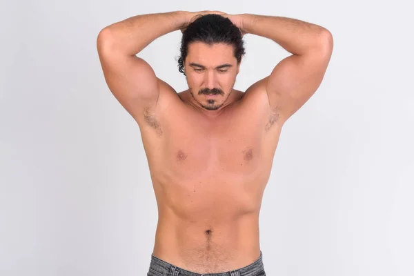 Shirtless handsome macho man with mustache flexing abs — Stock Photo, Image