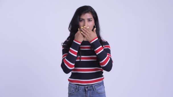Young beautiful Persian woman showing speak no evil concept — Stock Video
