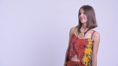 Mutlu genç güzel hipster kadın dokunmak bir şey ve görünümlü sürpriz