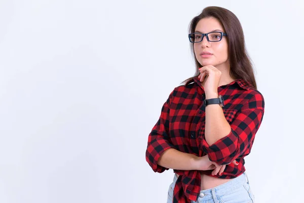 Jonge mooie hipster vrouw denken en opzoeken — Stockfoto